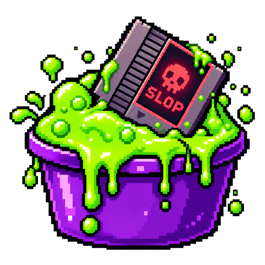 AI Slop Gamez slime bucket and cartridge logo